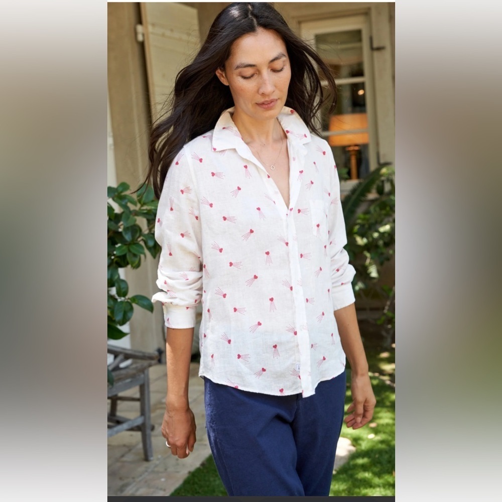Frank & Eileen Barry Shirt Large  White Linen shooting Red Hearts